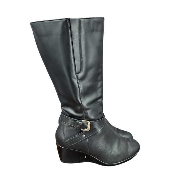 Flexi Riding Boots Womens 9 Black Leather Tall Knee HIgh Wedge Boots Buckle - Picture 1 of 16